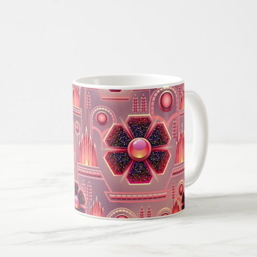 Art deco  bloemen geometrisch patroon roze koffiemok (Voorkant rechts)