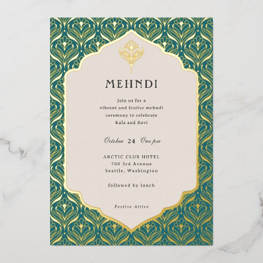 Art Deco Bloemen Lotus Mehndi Goud Folie Uitnodiging (Voorkant)