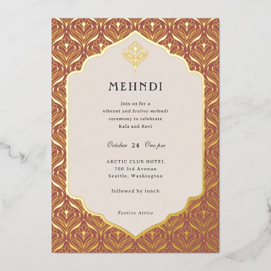 Art Deco Bloemen Lotus Mehndi Goud Folie Uitnodiging (Voorkant)