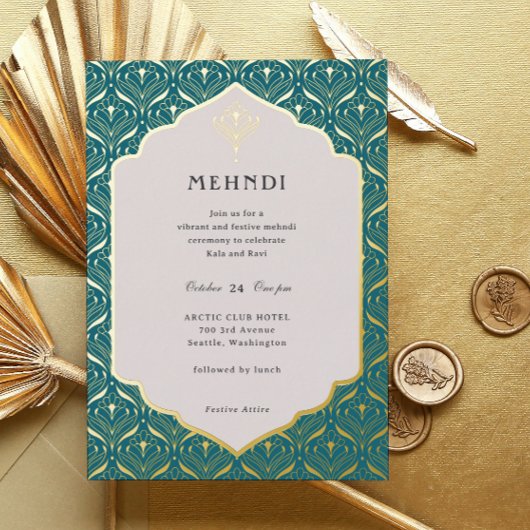 Art Deco Bloemen Lotus Mehndi Goud Folie Uitnodiging