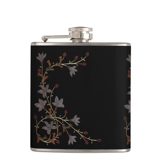 Art Deco Bloemen Op Zwart Heupfles (Voorkant)