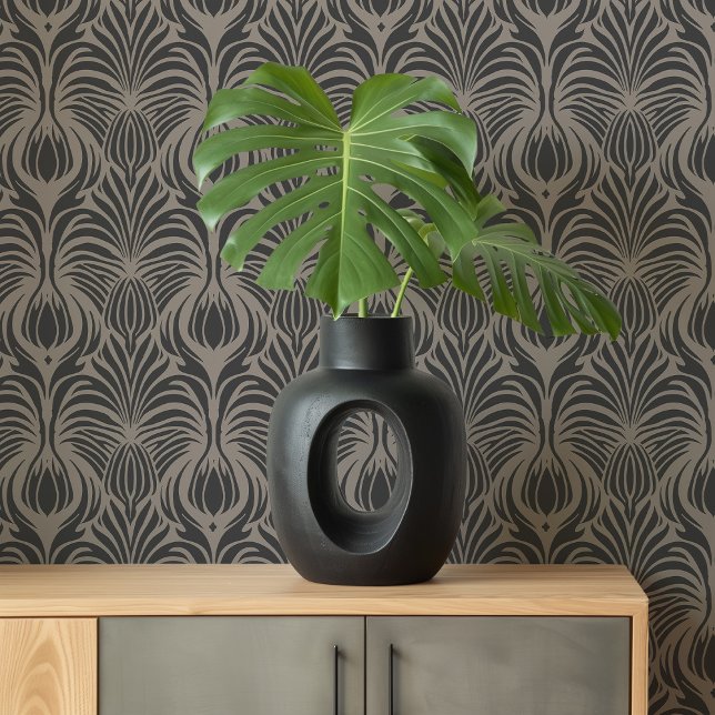 Art Deco Bloemen Veer Taupe & Houtskool Behang (Creator heeft geüpload)