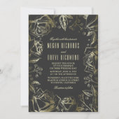 Art Deco Bloemen Zwart en Goud Huwelijk Kaart (Voorkant)