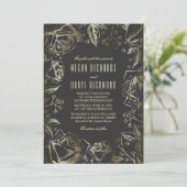 Art Deco  Bloemen Zwart en Goud Huwelijk Kaart (Staand voorkant)