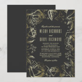 Art Deco  Bloemen Zwart en Goud Huwelijk Kaart (Voorkant / Achterkant)
