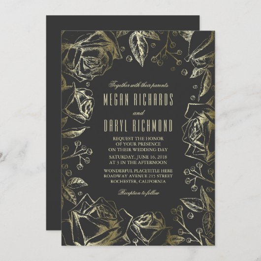 Art Deco  Bloemen Zwart en Goud Huwelijk Kaart (Voorkant / Achterkant)