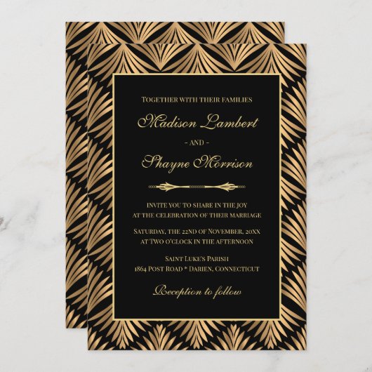 Art Deco Bloemen Zwart Goud Grote Gatsby Bruiloft Kaart (Voorkant / Achterkant)