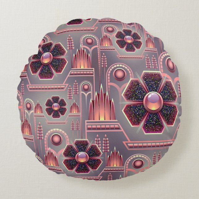Art deco bloemenmotief  geometrisch paarse rond kussen (Voorkant)