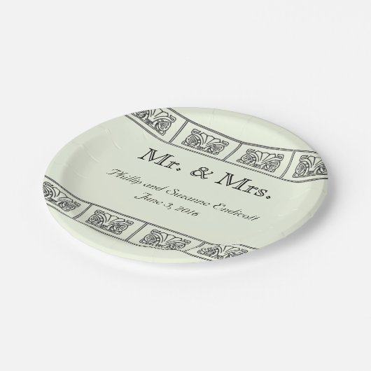 Art Deco Bloemenrandbruiloft Papieren Bordje (Gekanteld)