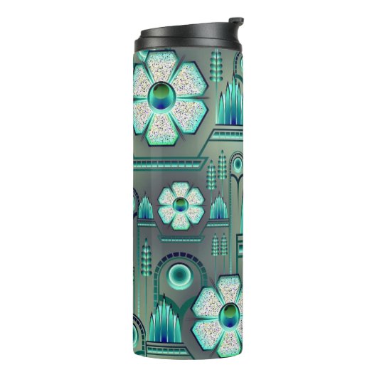 Art deco bloemmotief  blauwgroen geometrisch thermosbeker (Gedraaid links)