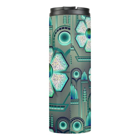 Art deco bloemmotief  blauwgroen geometrisch thermosbeker (Achterkant)