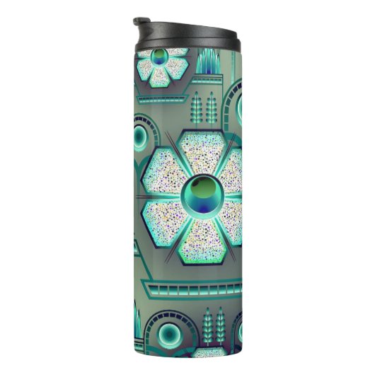 Art deco bloemmotief  blauwgroen geometrisch thermosbeker (Geroteerd rechts)