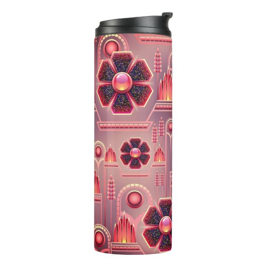 Art deco bloemmotief bloemengeometrisch roze thermosbeker (Gedraaid links)