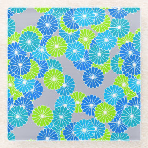 Art Deco bloempatroon - blauw en limoengroen Glazen Onderzetter