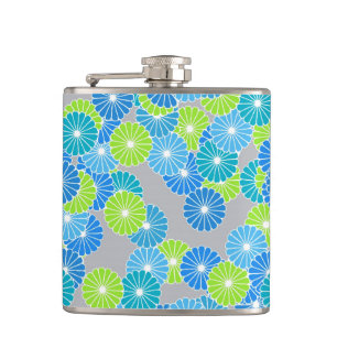 Art Deco bloempatroon - blauw en limoengroen Heupfles