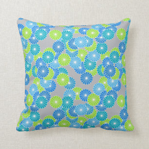 Art Deco bloempatroon - blauw en limoengroen Kussen