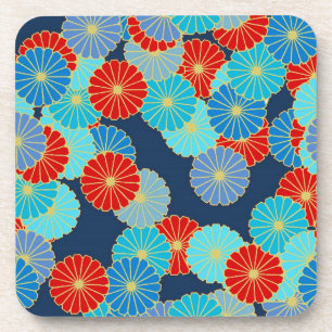 Art Deco-bloempatroon - blauw, turkooizen en rood Bier Onderzetter