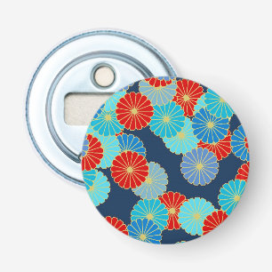 Art Deco-bloempatroon - blauw, turkooizen en rood Button Flesopener