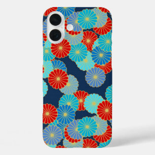 Art Deco-bloempatroon - blauw, turkooizen en rood iPhone 16 Plus Hoesje