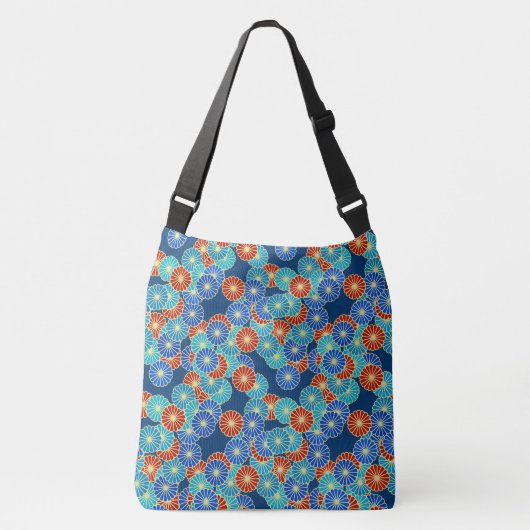 Art Deco-bloempatroon - blauw, turkooizen en rood Crossbody Tas (Voorkant)