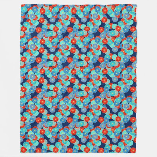 Art Deco-bloempatroon - blauw, turkooizen en rood Fleece Deken (Voorkant)