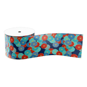 Art Deco-bloempatroon - blauw, turkooizen en rood Grosgrain Lint