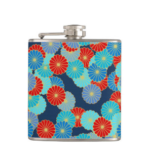Art Deco-bloempatroon - blauw, turkooizen en rood Heupfles