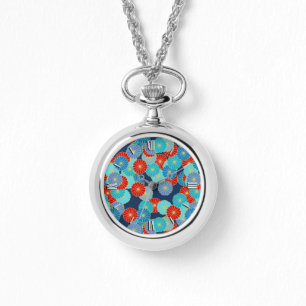 Art Deco-bloempatroon - blauw, turkooizen en rood Horloge