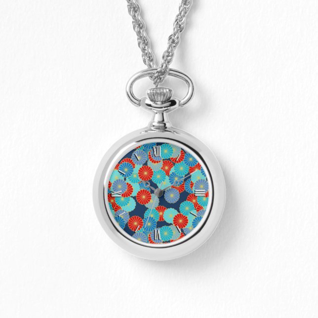 Art Deco-bloempatroon - blauw, turkooizen en rood Horloge (Voorkant)