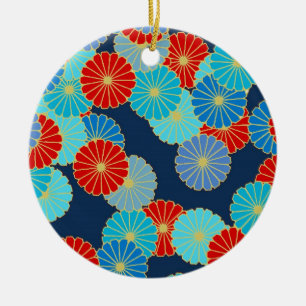 Art Deco-bloempatroon - blauw, turkooizen en rood Keramisch Ornament