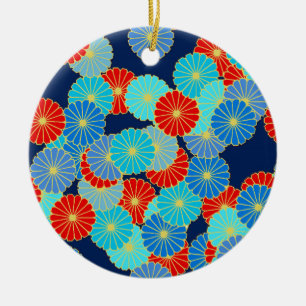 Art Deco-bloempatroon - blauw, turkooizen en rood Keramisch Ornament