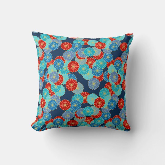 Art Deco-bloempatroon - blauw, turkooizen en rood Kussen (Voorkant)