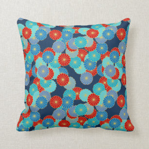 Art Deco-bloempatroon - blauw, turkooizen en rood Kussen