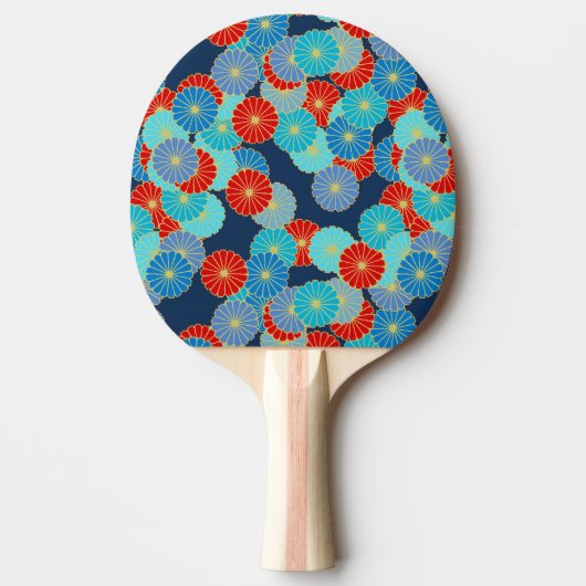Art Deco-bloempatroon - blauw, turkooizen en rood Tafeltennisbatje (Voorkant)