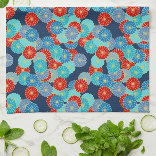 Art Deco-bloempatroon - blauw, turkooizen en rood Theedoek (Gevouwen)