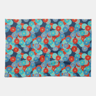 Art Deco-bloempatroon - blauw, turkooizen en rood Theedoek