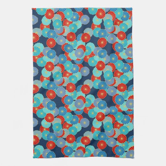 Art Deco-bloempatroon - blauw, turkooizen en rood Theedoek (Verticaal)