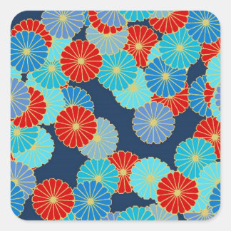 Art Deco-bloempatroon - blauw, turkooizen en rood Vierkante Sticker