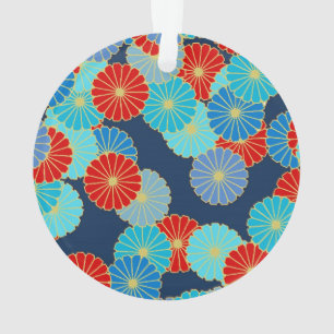 Art Deco bloempatroon - blauw, turquoise en rood Ornament