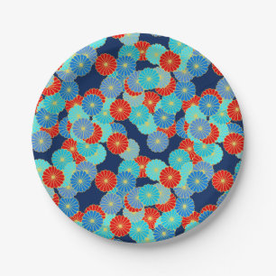 Art Deco bloempatroon - blauw, turquoise en rood Papieren Bordje