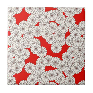 Art Deco bloempatroon - crème op rood Tegeltje