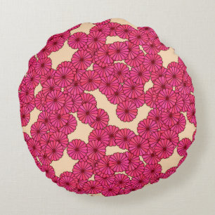 Art Deco bloempatroon - diepe roze en perzik Rond Kussen