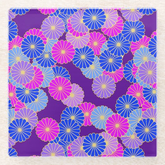 Art Deco-bloempatroon - violet, blauw en paars Glazen Onderzetter (Voorkant)