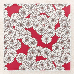 Art Deco-bloempatroon - wit op rood Glazen Onderzetter