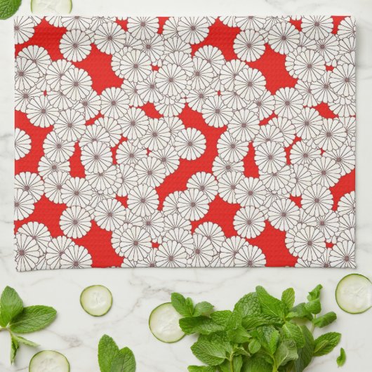 Art Deco-bloempatroon - wit op rood Theedoek (Gevouwen)
