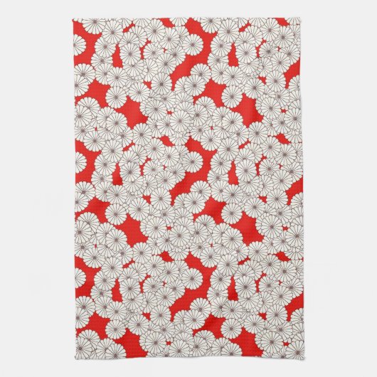 Art Deco-bloempatroon - wit op rood Theedoek (Verticaal)