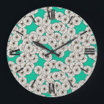 Art Deco-bloempatroon - wit op turkooizen Grote Klok<br><div class="desc">Een Art Deco-patroon gebaseerd op een traditioneel,  gestileerd chrysanthemumpatroon dat in Japanse textielproducten wordt gebruikt,  in wit geschetst in donkere chocolade,  met een rijke turquoise / pauw achtergrond</div>
