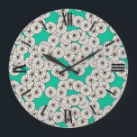 Art Deco-bloempatroon - wit op turkooizen Grote Klok<br><div class="desc">Een Art Deco-patroon gebaseerd op een traditioneel,  gestileerd chrysanthemumpatroon dat in Japanse textielproducten wordt gebruikt,  in wit geschetst in donkere chocolade,  met een rijke turquoise / pauw achtergrond</div>