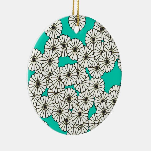 Art Deco-bloempatroon - wit op turkooizen Keramisch Ornament (Rechts)