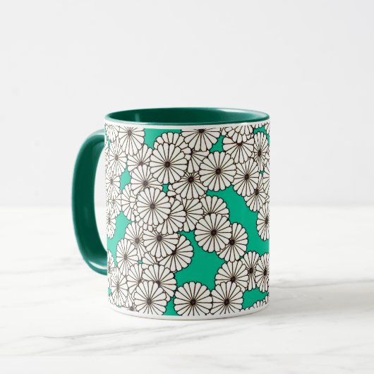 Art Deco bloempatroon - wit op turquoise Mok (Voorkant links)